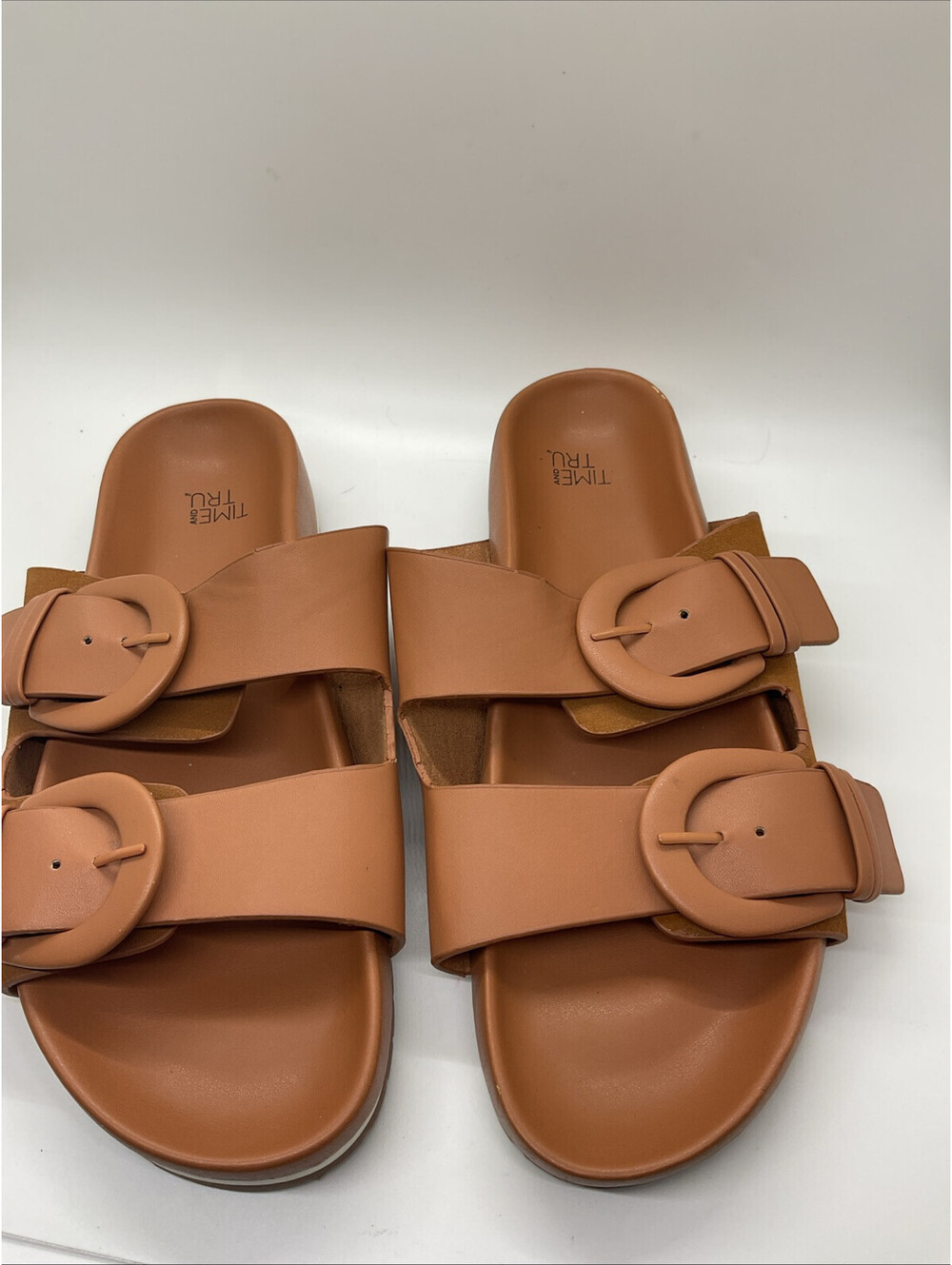 Time in true women’s slip on sandals size 7 wide heavy sole Brown buckle 208